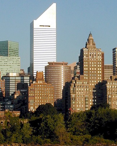 The Citicorp Center tower with its slanted roof rising over Midtown Manhattan.