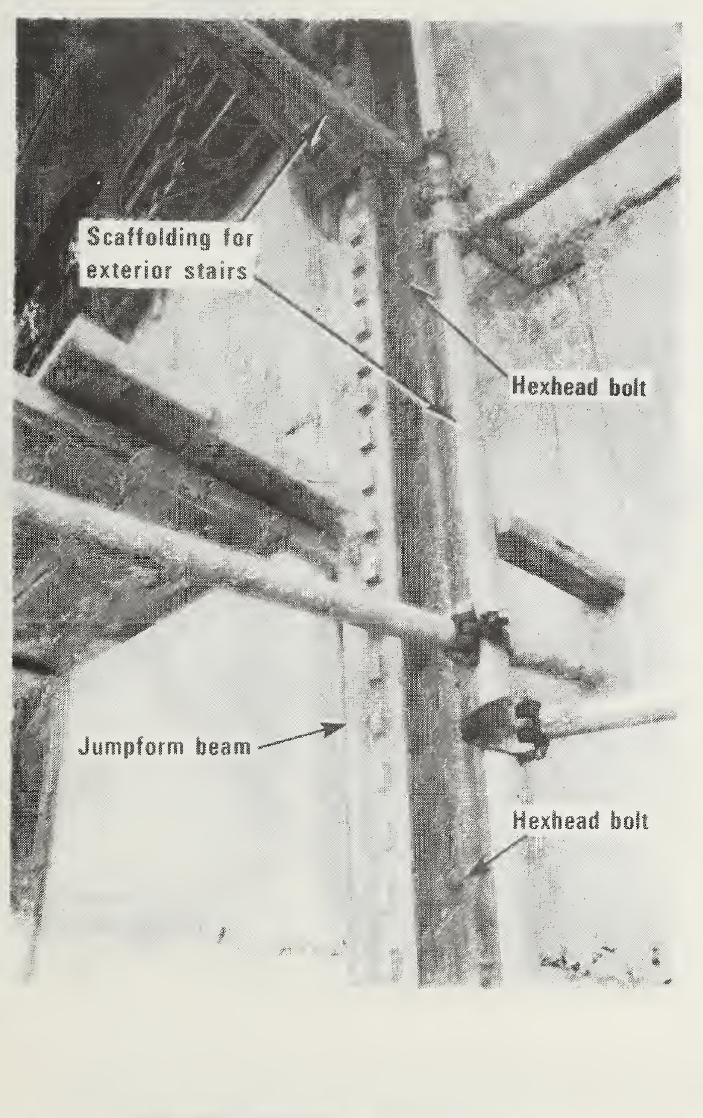 A jumpform beam attached to the shell by hexhead anchor bolts